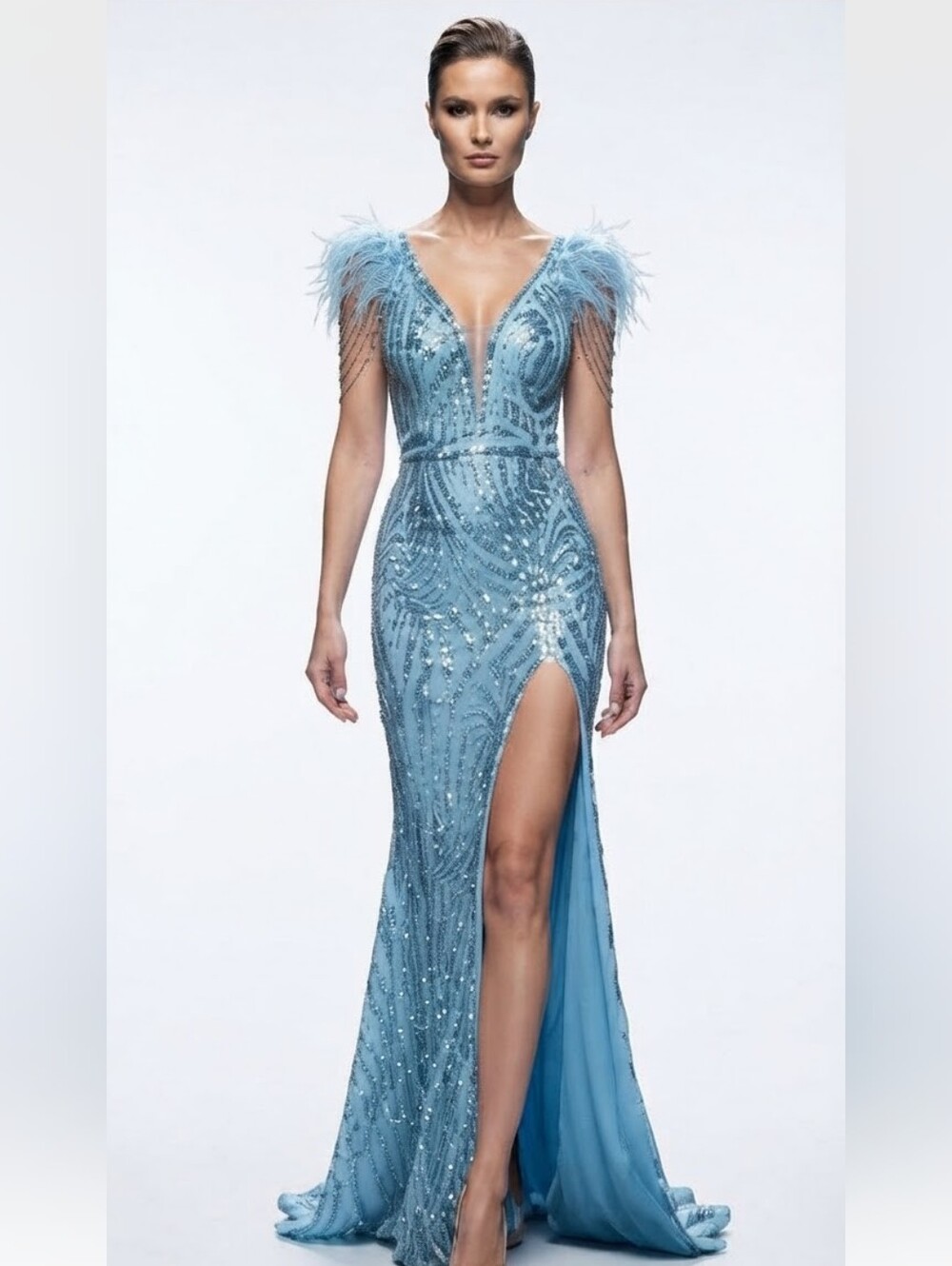 Blue, Geo Print, Ostrich Feather V Neck, Sequined, Beaded Sleeves, Mermaid Gown
